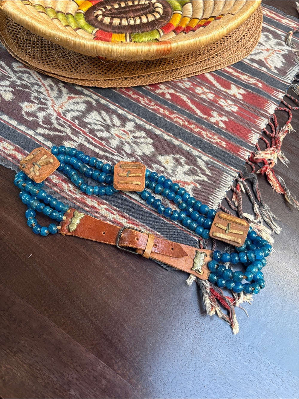 Vintage Blue Glass Beaded Leather Belt